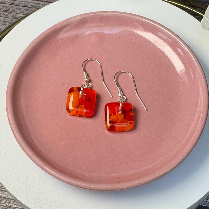 Bright Orange and Red Earrings Sterling Silver Fused Glass Earrings