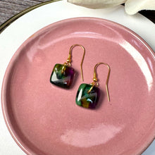 Warm Green and Purple Earrings Sterling Silver Fused Glass Earrings