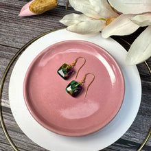Warm Green and Purple Earrings Sterling Silver Fused Glass Earrings