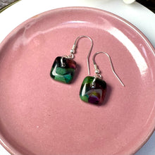 Warm Green and Purple Earrings Sterling Silver Fused Glass Earrings
