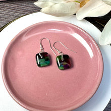 Warm Green and Purple Earrings Sterling Silver Fused Glass Earrings