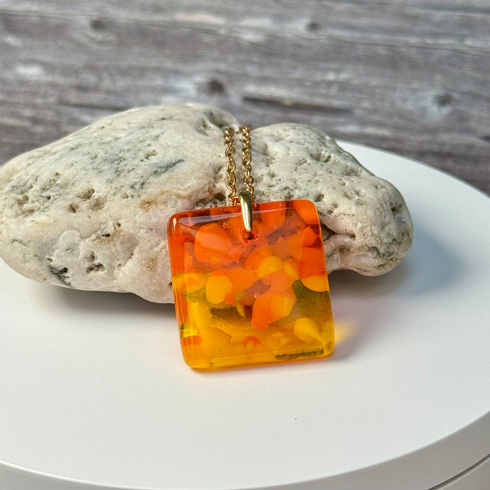Yellow and Orange Square Necklace / Vibrant Fused Glass Jewellery