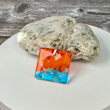 Orange and Turquoise Square Necklace / Vibrant Fused Glass Jewellery