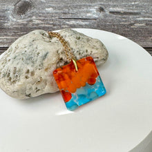 Orange and Turquoise Square Necklace / Vibrant Fused Glass Jewellery