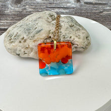 Orange and Turquoise Square Necklace / Vibrant Fused Glass Jewellery