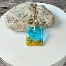 Yellow and Turquoise Square Necklace / Vibrant Fused Glass Jewellery
