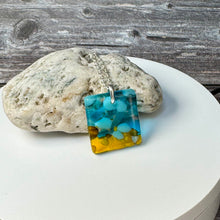 Yellow and Turquoise Square Necklace / Vibrant Fused Glass Jewellery