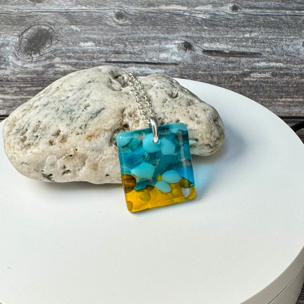 Yellow and Turquoise Square Necklace / Vibrant Fused Glass Jewellery