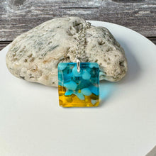 Yellow and Turquoise Square Necklace / Vibrant Fused Glass Jewellery