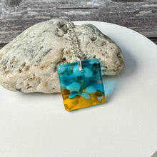 Yellow and Turquoise Square Necklace / Vibrant Fused Glass Jewellery
