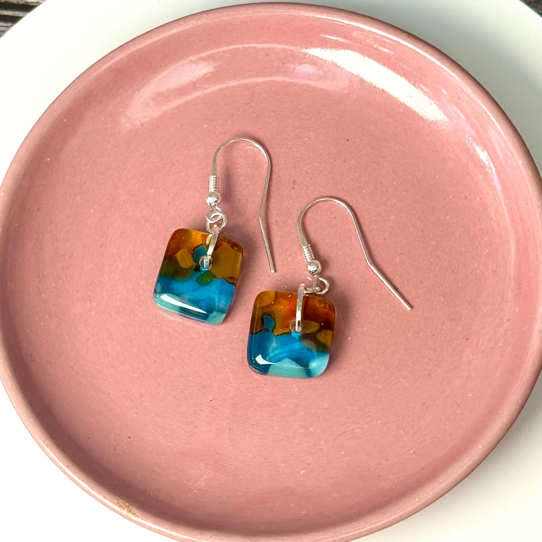 Timeless Turquoise and Brown Earrings: Sterling Silver Fused Glass Earrings