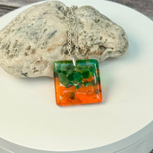 Orange and Green Square Necklace / Vibrant Fused Glass Jewellery