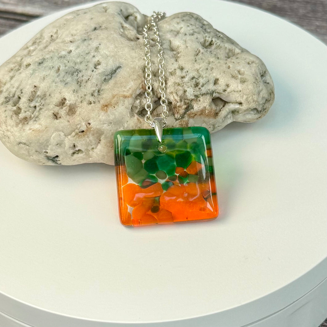 Orange and Green Square Necklace / Vibrant Fused Glass Jewellery