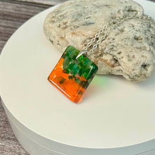 Orange and Green Square Necklace / Vibrant Fused Glass Jewellery