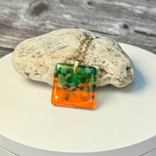 Orange and Green Square Necklace / Vibrant Fused Glass Jewellery