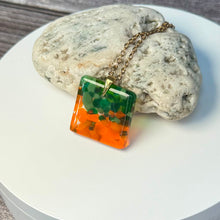 Orange and Green Square Necklace / Vibrant Fused Glass Jewellery