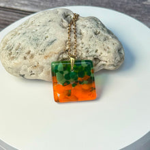Orange and Green Square Necklace / Vibrant Fused Glass Jewellery
