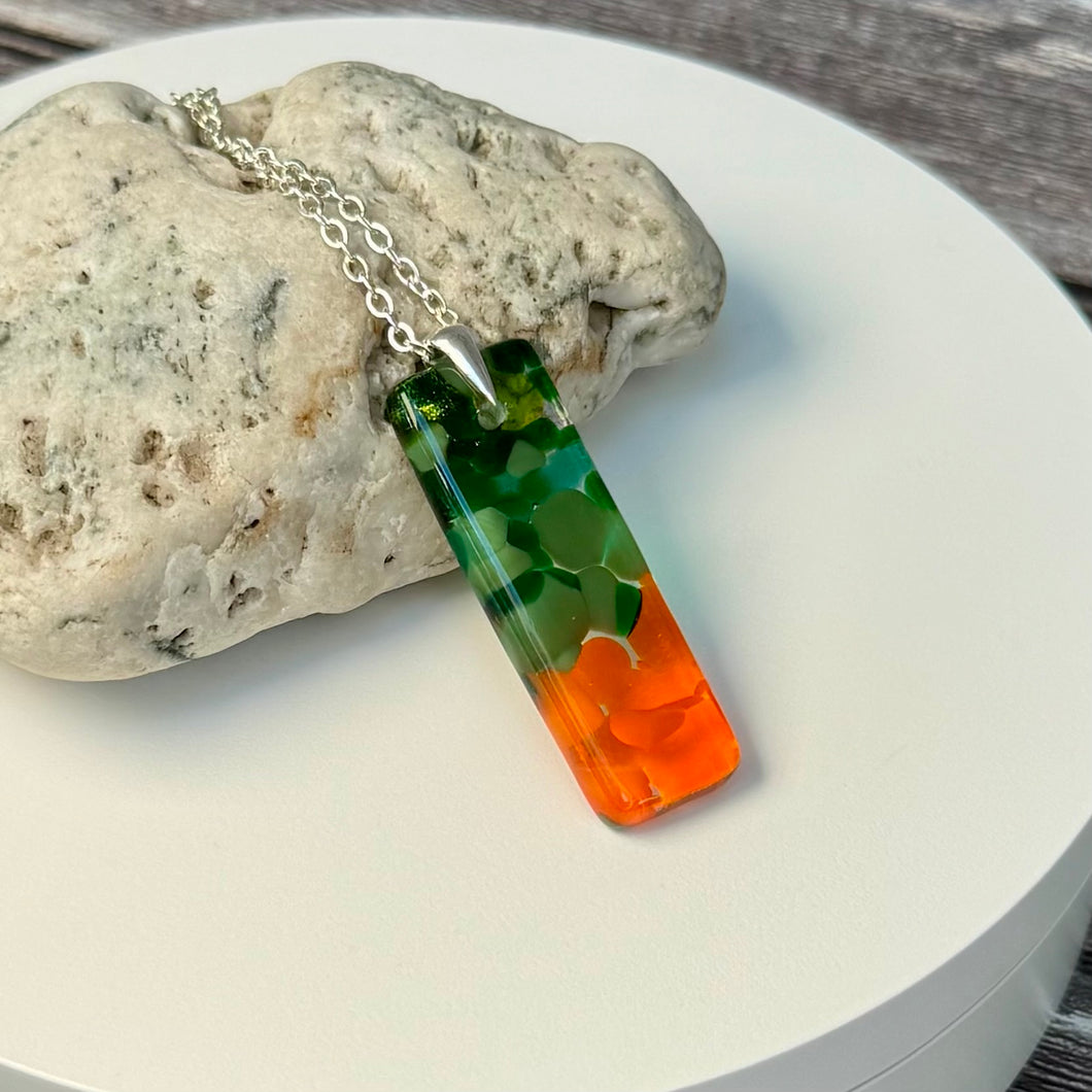 Orange and Green Long Pendant Necklace / Vibrant Fused Glass Jewellery