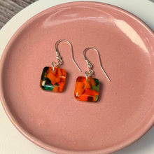 Orange and Green Earrings: Sterling Silver Fused Glass Earrings