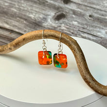 Orange and Green Earrings: Sterling Silver Fused Glass Earrings