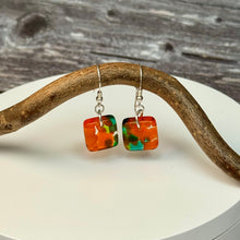 Orange and Green Earrings: Sterling Silver Fused Glass Earrings