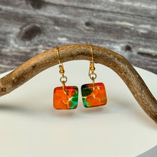 Orange and Green Earrings: Sterling Silver Fused Glass Earrings