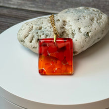 Red and Orange Square Necklace / Vibrant Fused Glass Jewellery