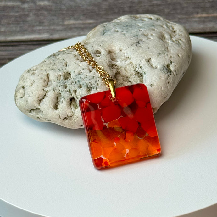 Red and Orange Square Necklace / Vibrant Fused Glass Jewellery