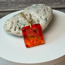 Red and Orange Square Necklace / Vibrant Fused Glass Jewellery