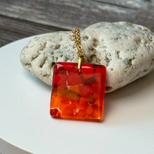 Red and Orange Square Necklace / Vibrant Fused Glass Jewellery