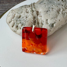 Red and Orange Square Necklace / Vibrant Fused Glass Jewellery