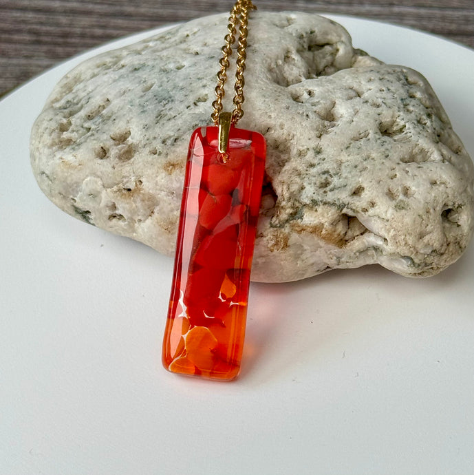 Red and Orange Long Pendant Necklace / Vibrant Fused Glass Jewellery
