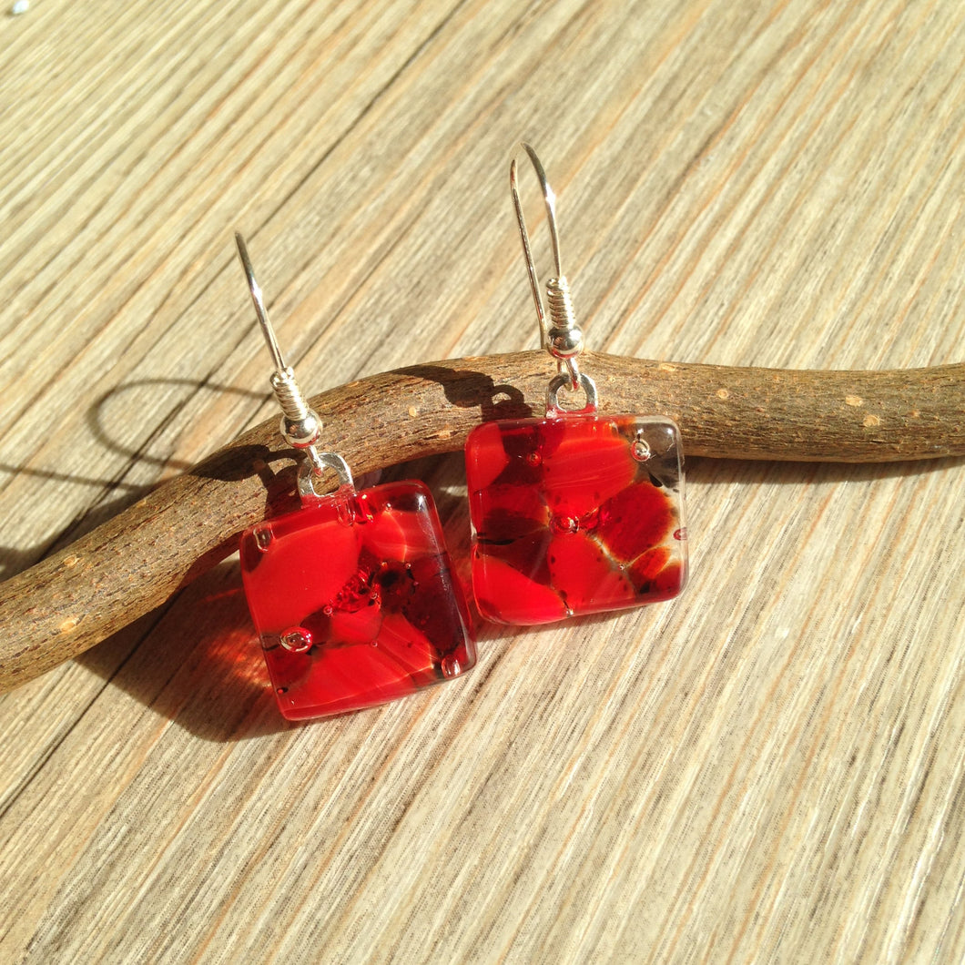 Red Earrings Sterling Silver Fused Glass Earrings
