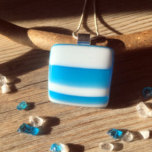 Handmade Fused Glass Necklace: Turquoise White Stripes Pendant