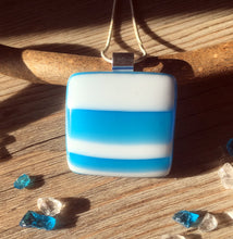 Handmade Fused Glass Necklace: Turquoise White Stripes Pendant