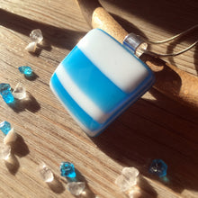 Handmade Fused Glass Necklace: Turquoise White Stripes Pendant