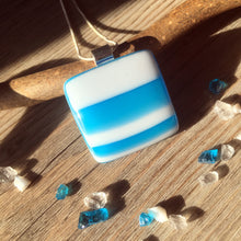 Handmade Fused Glass Necklace: Turquoise White Stripes Pendant