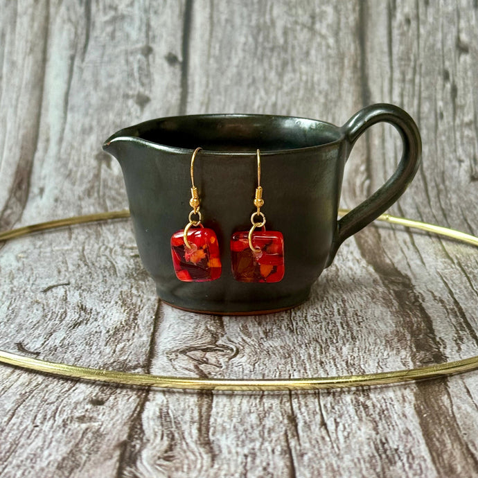 Bright Orange and Red Earrings Sterling Silver Fused Glass Earrings