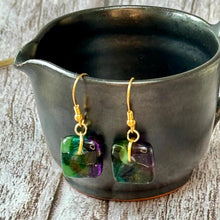Warm Green and Purple Earrings Sterling Silver Fused Glass Earrings