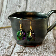 Warm Green and Purple Earrings Sterling Silver Fused Glass Earrings