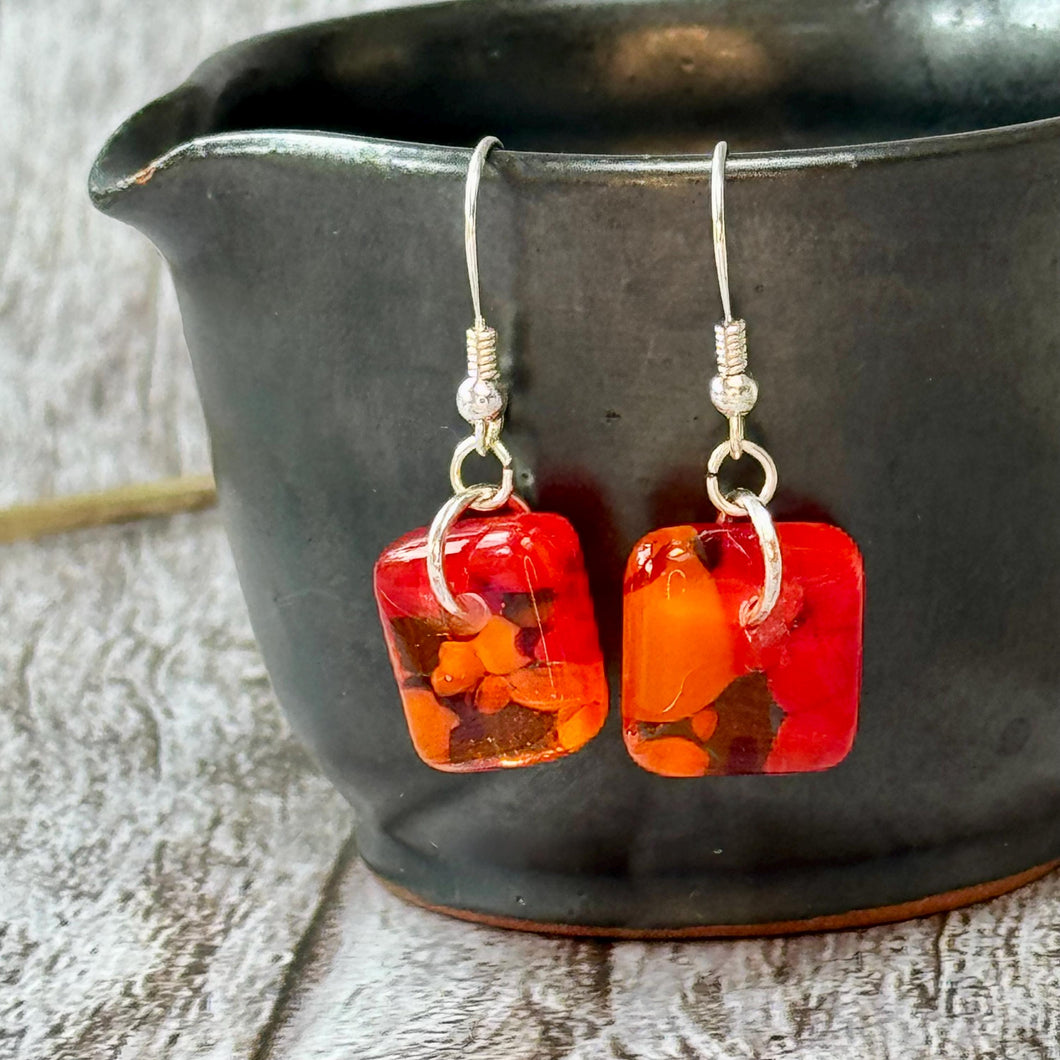 Bright Orange and Red Earrings Sterling Silver Fused Glass Earrings