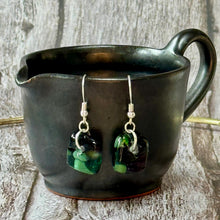 Warm Green and Purple Earrings Sterling Silver Fused Glass Earrings