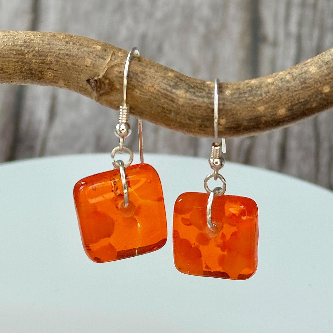 Bright Orange Earrings Sterling Silver Fused Glass Earrings