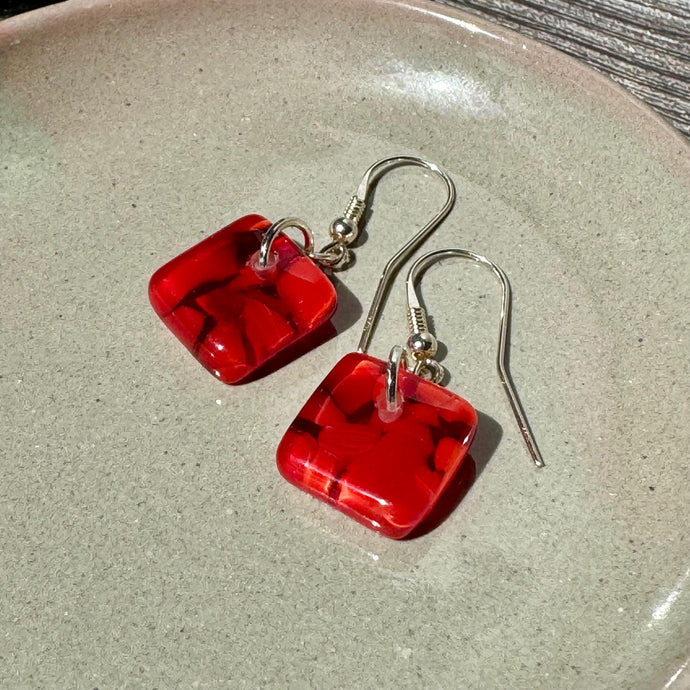 Love Red Earrings Sterling Silver Fused Glass Earrings
