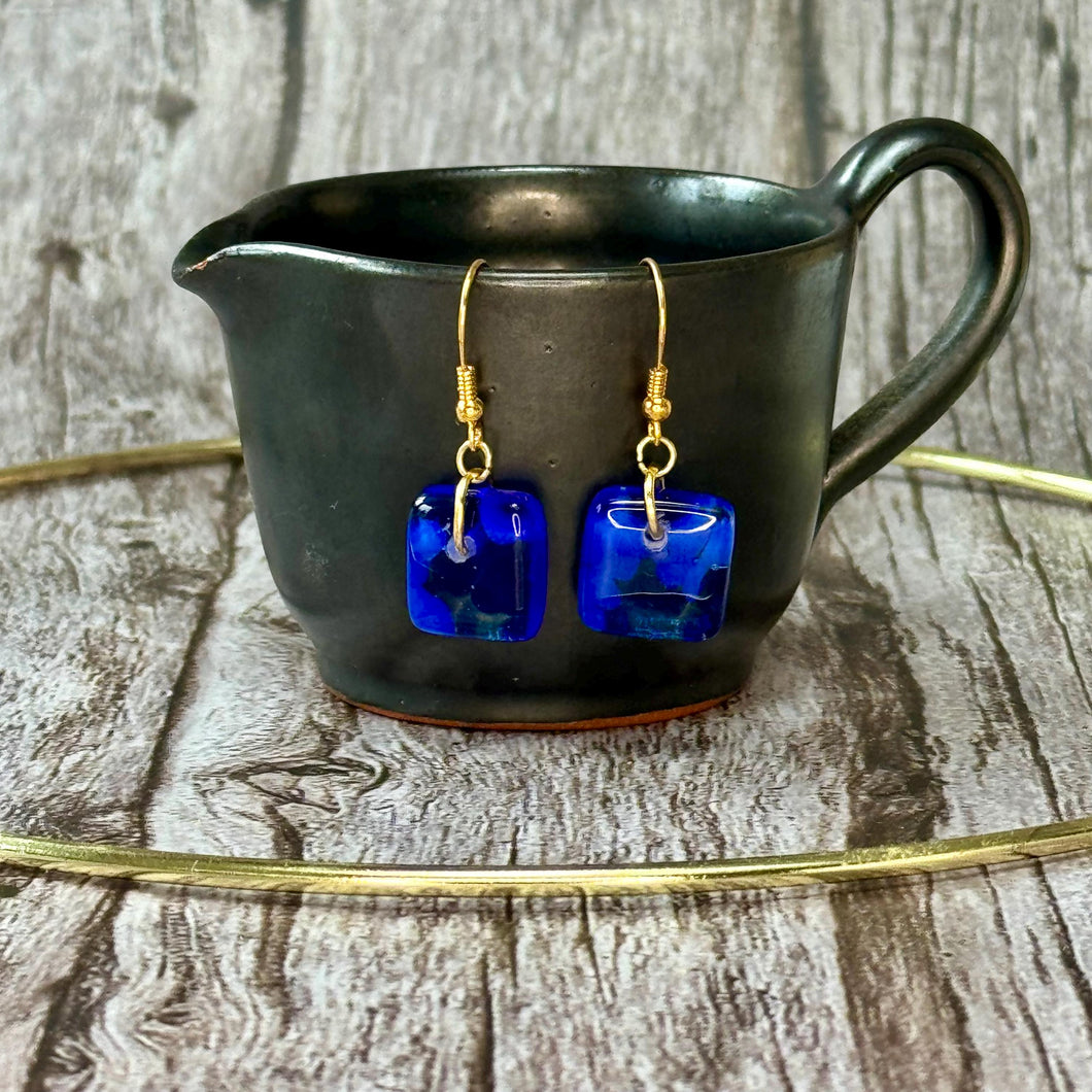 Cool Deep Cobalt Blue Earrings Sterling Silver Fused Glass Earrings