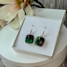Warm Green and Purple Earrings Sterling Silver Fused Glass Earrings