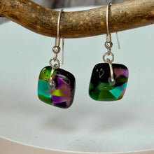 Warm Green and Purple Earrings Sterling Silver Fused Glass Earrings