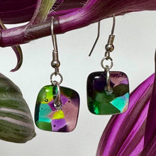 Warm Green and Purple Earrings Sterling Silver Fused Glass Earrings