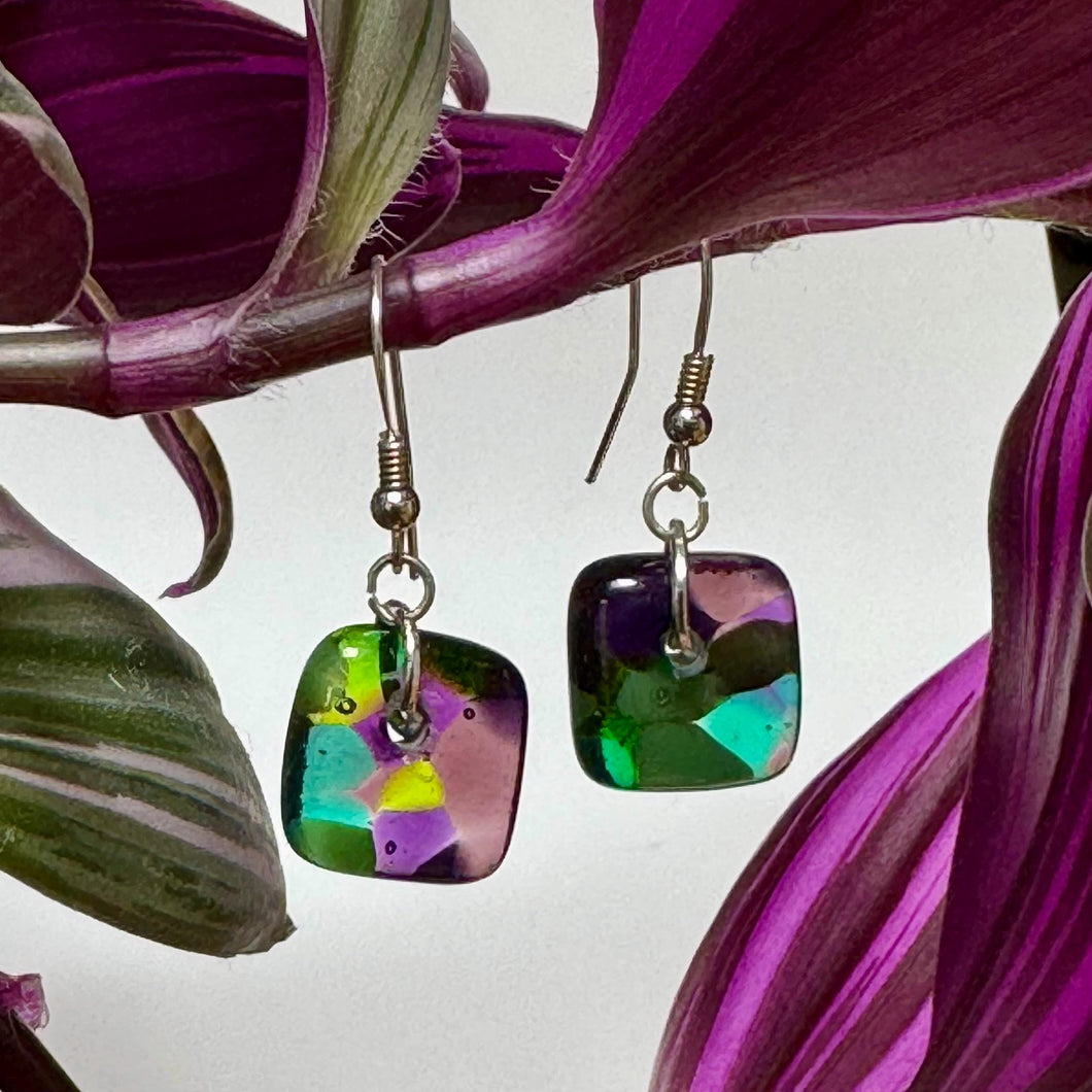 Warm Green and Purple Earrings Sterling Silver Fused Glass Earrings