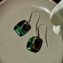 Warm Green and Purple Earrings Sterling Silver Fused Glass Earrings